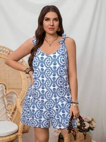 SHEIN LUNE Plus Size Women's Summer Boho Blue Retro Print Pattern Round Neck Lace-Up Cuffless Bag Design Casual Everyday Romper Holiday Outfits,Resort, Vacation Style Blue And White Porcelain Printing Jumpsuit