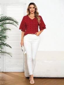 EMERY ROSE Valentine's Day Women Heart Print Top,Double Ruffled Short Sleeve T-Shirt - Multicolor - View 5