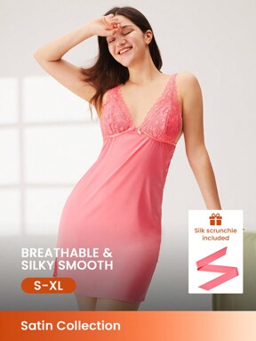 LUVLETTE Pink Valentine's Day Satin With Heart Lace Women Nightgown Airy Pajamas Dress Lingerie With Free Hair Band Slip Dress