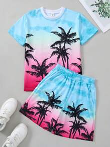 Lässige Ferienmode für Tween Jungen: Cooles Rundhals-T-Shirt mit Aufdruck und Kokosnussbaum-bedruckte Strandshorts, 2 Stücke Set