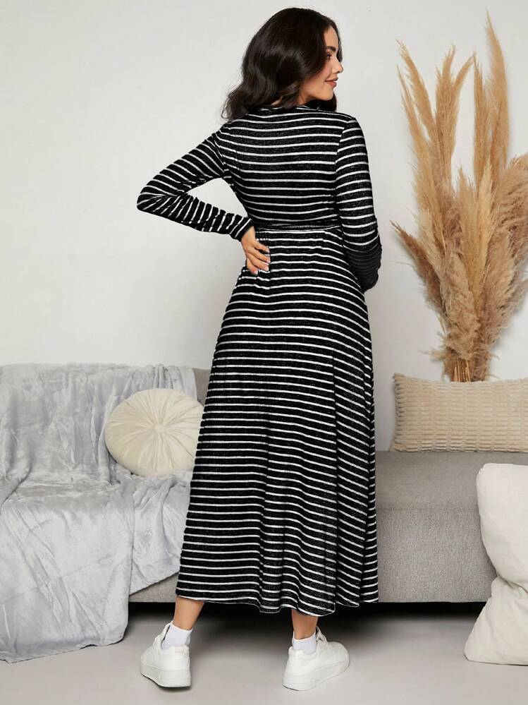 SHEIN Maternity Casual Striped Tie-Up Wrap Long Dress - Black - View 2