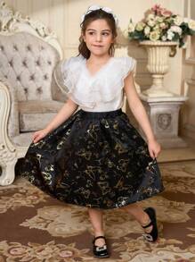SHEIN 2pcs Set Young Girl Elegant Solid Color Ruffle Mesh Patchwork Blouse And Butterfly Jacquard A-Line Skirt - Multicolor - View 5