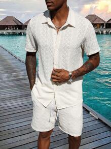 Manfinity Homme Conjunto de top casual de manga corta con botones y shorts de unicolor para hombre