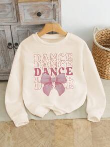 Young Girls Round Neck Sweatshirt Pink Bow & Minimalist Letter Print Casual Style - Apricot - View 1