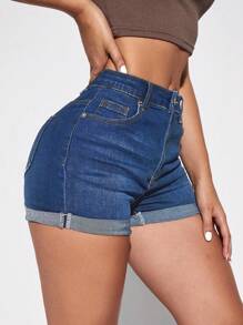 SHEIN Essnce 女士休闲口袋下摆卷边牛仔短裤 - 中等水洗藍 - 查看 4