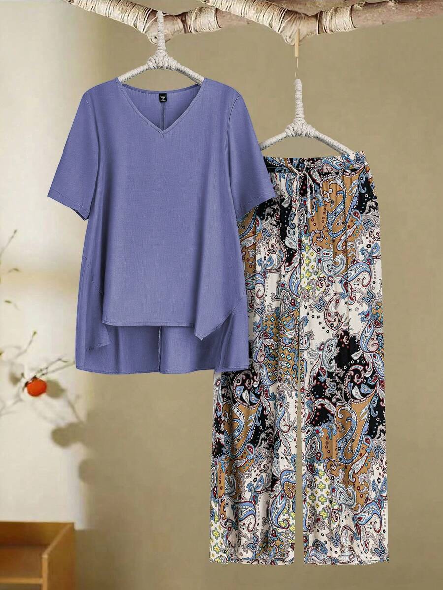 Lacomfia 2pcs Plus Size Set: Solid Color Asymmetric Hem Short Sleeve Top And Paisley Print Long Pants - Purple - View 1