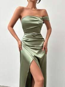 EURMUSE Của phụ nữ Xa ten Một bờ vai Cái nĩa cao Đầm - màu xanh lá - Xem 5