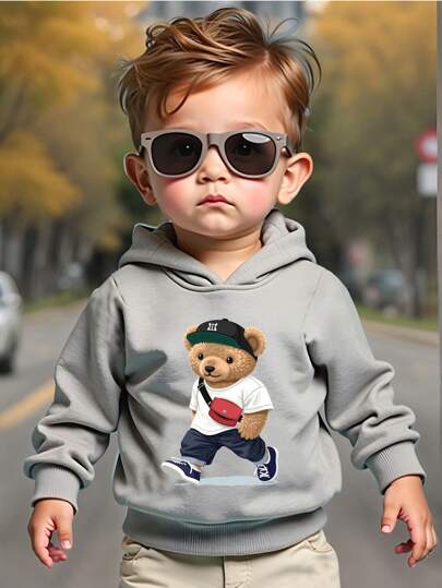 Sudadera con capucha de manga larga y estampado de oso a la moda, casual y versátil, adorable para niños pequeños