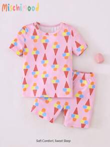 Set de 2 piezas de pijama para niña con body de manga corta y shorts con estampado de helado - Rosa - Ver 3