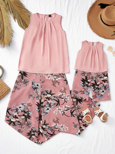 SHEIN 2pcs Baby Girl Summer Floral Print Tank Top And Capri Pants Set