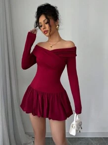 Elenzga Women's Solid Color Bud Waist Off Shoulder Elegant Dress - Burgundy - View 6