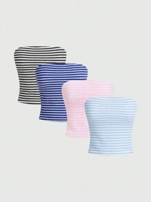 SHEIN Essnce 女士无袖修身条纹休闲抹胸，日常穿着 - 彩色 - 查看 3