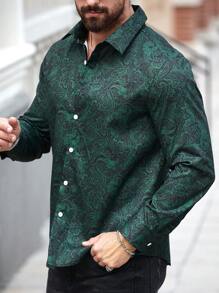 Manfinity LEGND Plus Size Men's Front Button Long Sleeve Shirt, Simple Casual Shirt, Dark Green Men Shirt