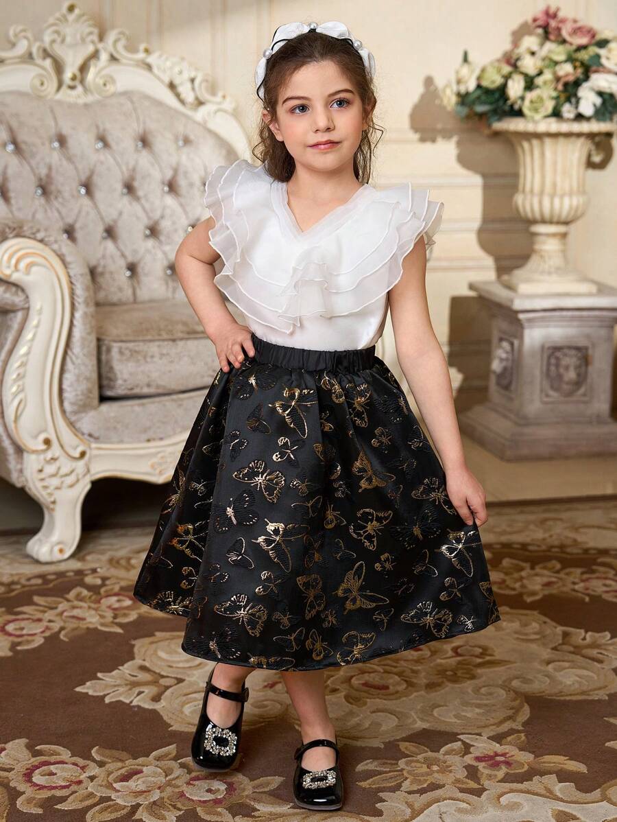 SHEIN 2pcs Set Young Girl Elegant Solid Color Ruffle Mesh Patchwork Blouse And Butterfly Jacquard A-Line Skirt - Multicolor - View 1