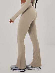 Musera Sport Ribbed Waist Flare Yoga Pant Trousers, Padel, Tennis, Pickleball Gym Fitness - Apricot - View 2