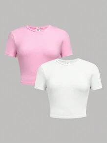 SHEIN Girlism Set da 3 t-shirt aderenti a maniche corte crop top da ragazza adolescente, casual - Rosa Baby - Visualizzare 1