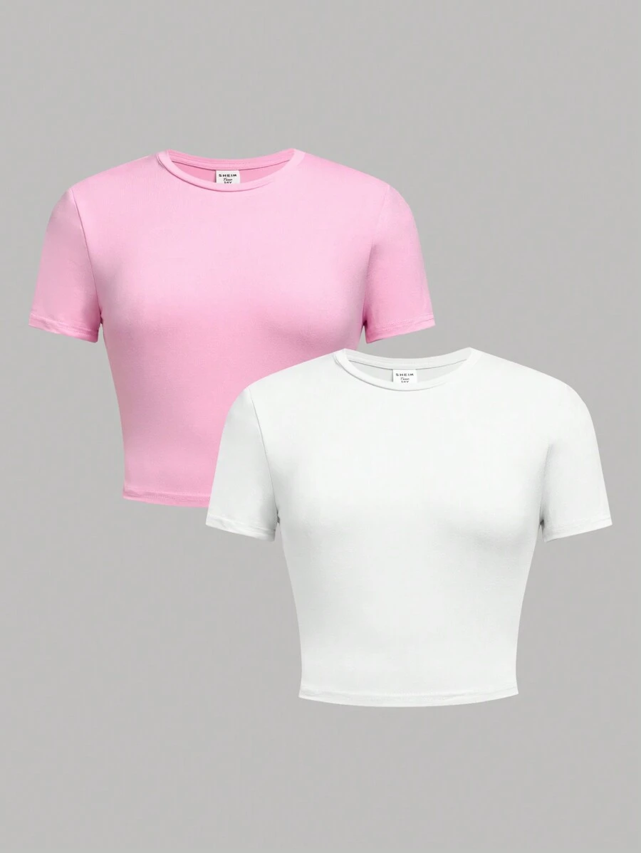 SHEIN Girlism Set da 3 t-shirt aderenti a maniche corte crop top da ragazza adolescente, casual - Rosa Baby - Visualizzare 1