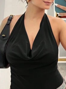 INAWLY Plus Size Seductive Draped Neck Wrap Halter Bodysuit, Minimalist And Fashionable For Casual Everyday Wear - Black - View 7