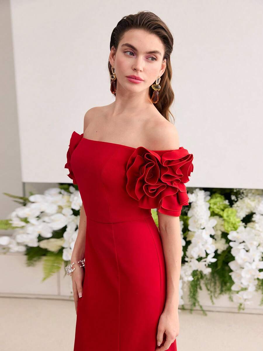 MOTF Soiréza 立体花朵露肩鸡尾酒礼服 - 紅色 - 查看 2