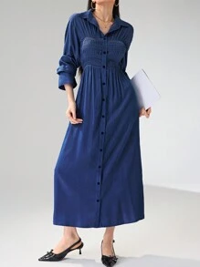 Heiryn Damen Lange Ärmel Lässig Hemd mit Knopfleiste vorne, minimalistisch schickes, einfarbiges retro shirt - Blau - Übersicht 3