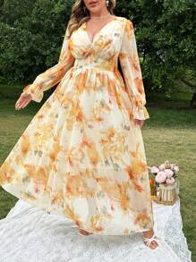 Flirla Abito in chiffon con scollo a V maniche lunghe elegante, con motivo floreale ditsy, romantico e puro, adatto alla primavera/estate, per spiaggia o vacanza - Multicolore - Visualizzare 3