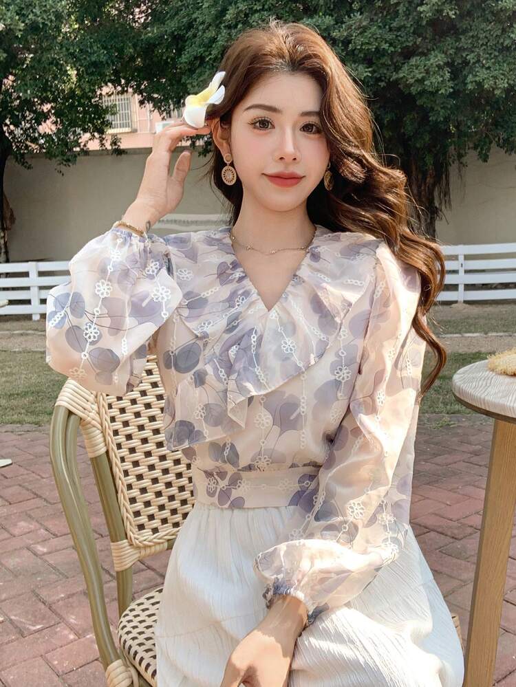 Women's Floral Print V-Neck Puff Sleeve Ruffle Hem Tie-Waist Blouse,Fall Women Clothes Long Sleeve Top Boho