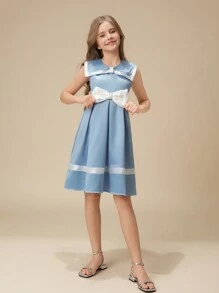 Đầm nữ mùa hè thanh lịch quyến rũ cổ xanh navy không tay eo cao eo cao nơ tương phản trang trí phong cách trường học - Màu xanh lam - Xem 4