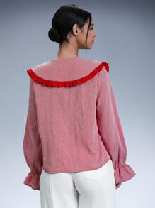 Aveloria Affinna Retro Campus Style Red Plaid Contrast Ruffle Collar Tie Front Long Sleeve Shirt For Women, Spring/Summer - Red and White - View 2