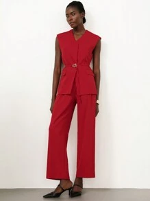 Aveloria Modichic Elegant Vest Jacket And Straight Wide Leg Pants Suit, For Commuting - Red - View 5