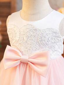 Glamorique Kids 女婴缎面网眼刺绣荷叶边粉色连衣裙、派对礼服和新年礼服、婴儿洗礼长袍，带蝴蝶结 - 彩色 - 查看 6