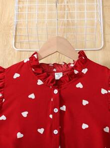 SHEIN Leap Crew 少女两件套：编织心形图案荷叶边袖领带衬衫和休闲裤套装