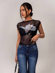 Forever 21 Spring Vintage Elegant Y2K Floral Printed Women's Mesh Undershirt, Minimalist, High Street Style - Multicolor - View 6