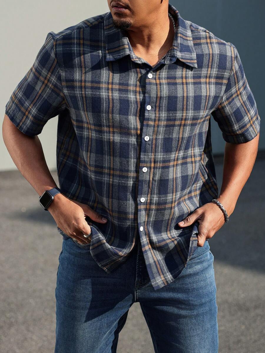 Manfinity Homme Plus Size Men's Front Button Short Sleeve Plaid Minimalist Casual Top - Multicolor - View 1