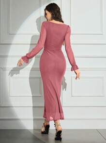 Modelyn 女士纯色 V 领长袖褶皱修身连衣裙 - 粉色 - 查看 2