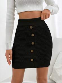 EURMUSE Casual Texture Knit Mini Sweater Skirt With Button - Black - View 3