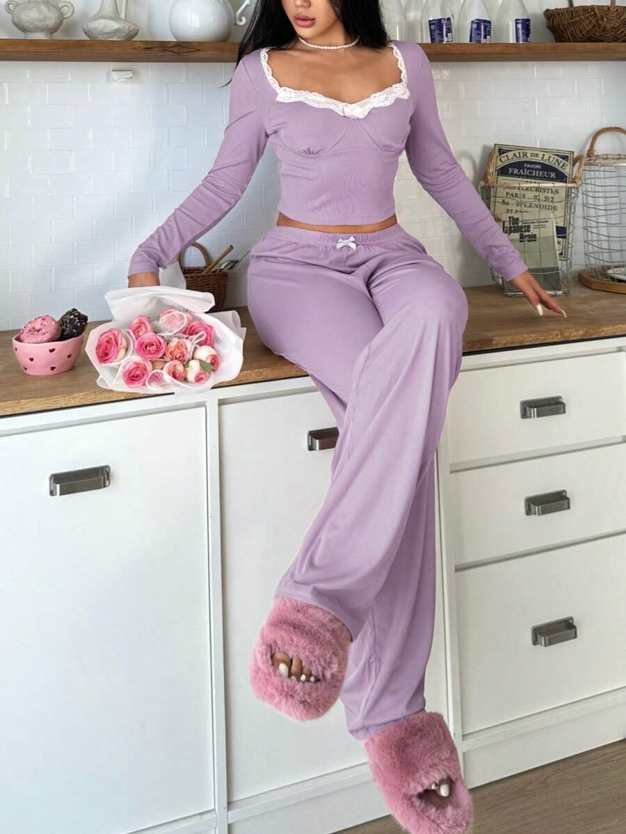 SweetSlumber Women Lace Trim & Rhinestone Collar Long Sleeve Minimalist Top And Lounge Pants Pajamas Set