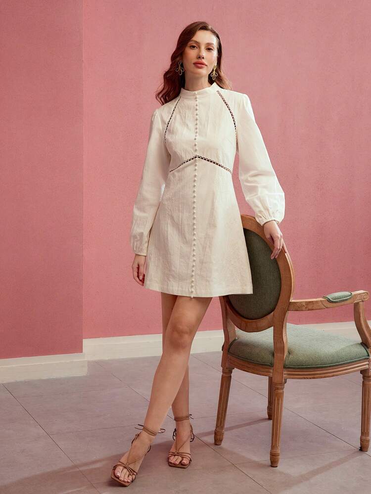 CONTRAST LACE LANTERN SLEEVE SHORT DRESS,SPRING/SUMMER