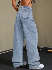 SHEIN Tall 女式前扣口袋简约阔腿休闲牛仔裤