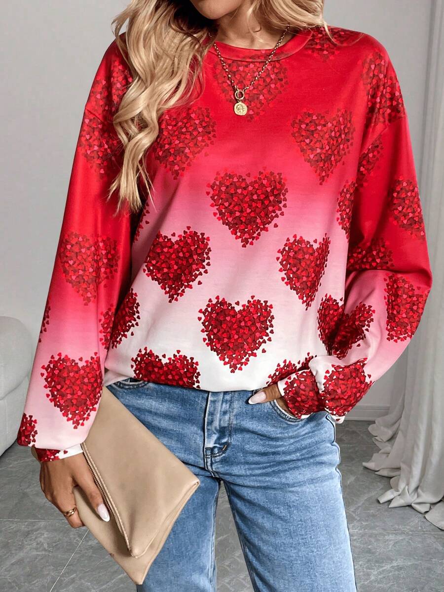 Chiquease Áo nỉ dài tay in hình trái tim thanh lịch dành cho nữ, Áo nỉ chui đầu ngày lễ tình nhân mùa thu - Đỏ - Xem 1