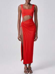 SHEIN Unity Women's Solid Color Square Neck Waist Cutout Side Slit Hem Sexy Dress - Red - View 4