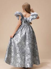 Vestido de niña preadolescente con mangas de volantes y hombros descubiertos, bordado, de alta gama, para boda, fiesta, ceremonia, cumpleaños, vestido de fiesta - Gris - Ver 2