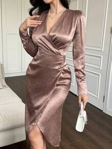 xheDAZY Vestido de manga abullonada con cuello en V, plisado y abertura lateral de unicolor de longitud media para mujeres, vestidos formales para mujeres, vestido largo de manga larga para otoñoxhe - Rosa - Ver 5