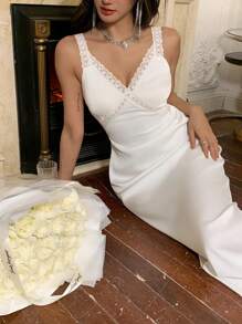 DAZY Knielanges Spitzen-Patchwork Unterkleid für Partys, Abendkleider, Sommerkleider, formelle Damenkleider - Weiss - Übersicht 3