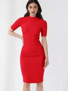 SHEIN Essnce Women Solid Color Short Sleeve Ruched Fitted Mid-Length Knit Dress - Red - View 2