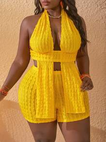 Slaydiva Bộ 2 chiếc/Bộ đồ liền thân hở lưng hở lưng cỡ lớn cho nữ và quần short bó sát, thích hợp cho kỳ nghỉ - Màu vàng - Xem 7