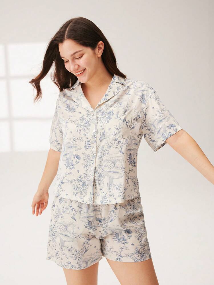 シルクサテン フローラルプリント ボタンアップ トップ&ショーツ ルームウェア 軽やかパジャマセット レディース ポケット付きパンツ ルームウェアセット レディースランジェリーボクサーセット