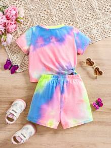 SHEIN 女婴夏季可爱扎染短袖T恤和短裤两件套 - 彩色 - 查看 2