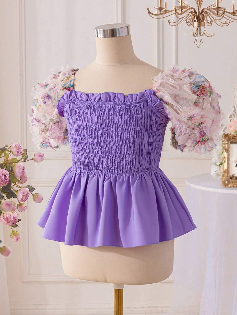 SHEIN 少女假期甜美泡泡袖女童套头衫 - 淡紫色 - 查看 1