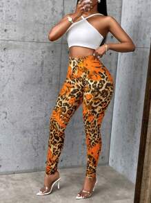BamGleam Quần legging bó sát họa tiết da báo đỏ họa tiết kỹ thuật số gợi cảm cho trang phục thường ngày/ở nhà - Màu vàng - Xem 3