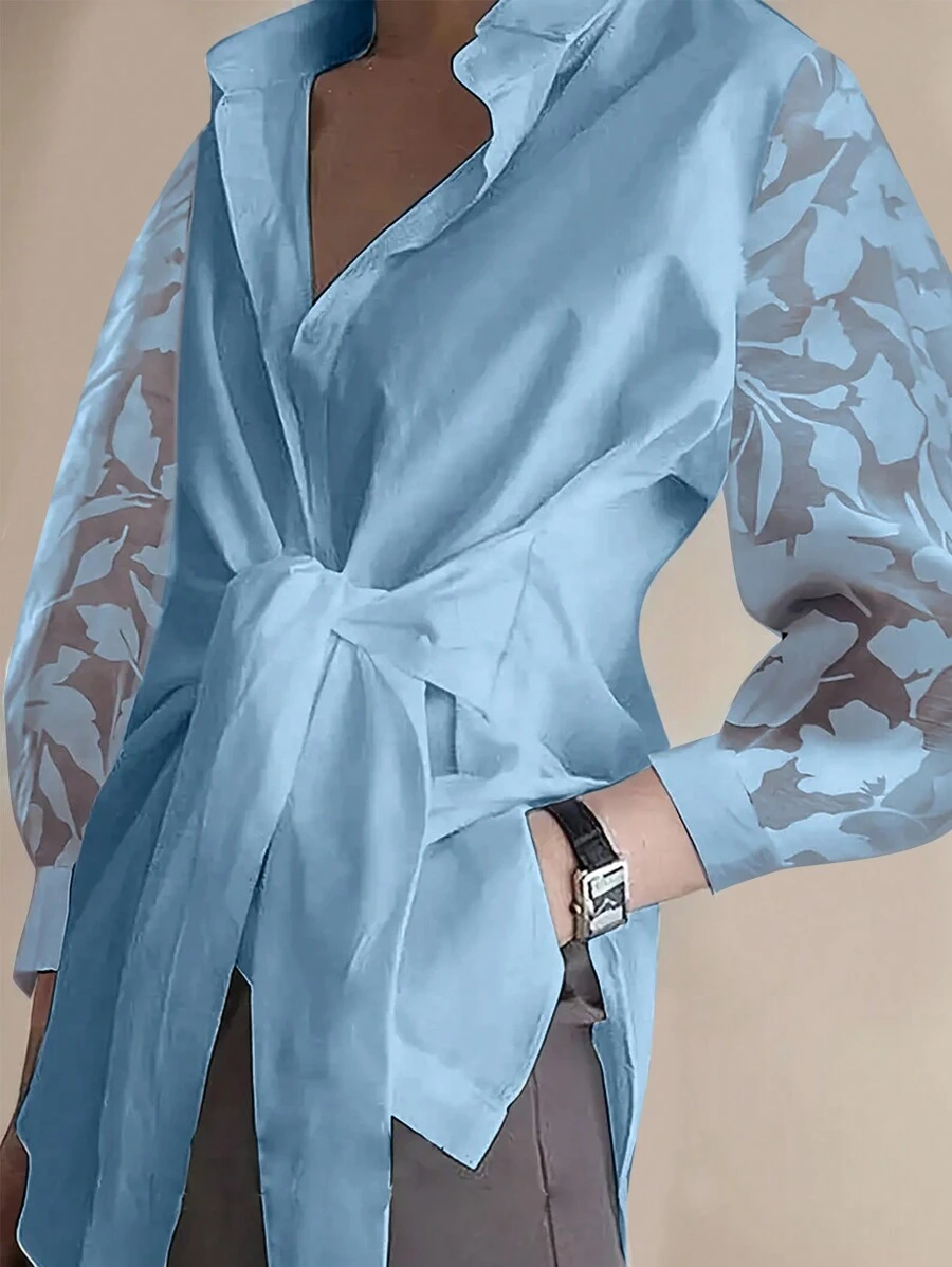 INAWLY Plus Size Women Elegant Tie-Up Hollow Sleeve Fashion Blouse, Spring/Autumn Women Shirt